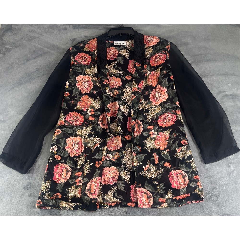 Niki-Lee California Floral Lace Trim Sheer Sleeve Open Front Cardigan Jacket L
